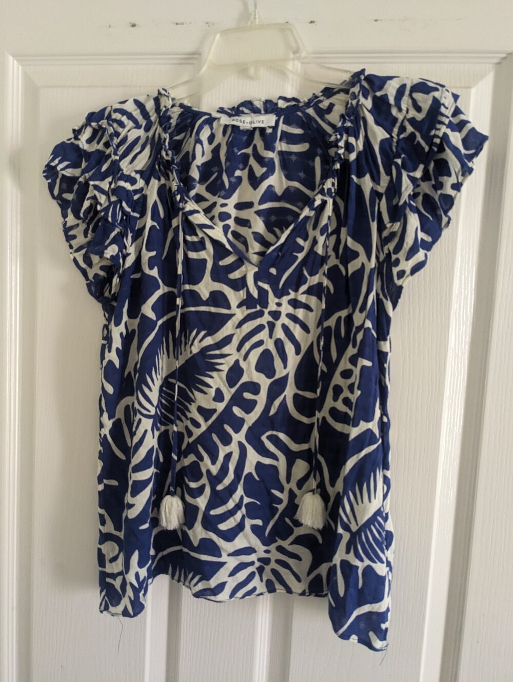 Rose & Olive Navy and White Printed Peasant Blouse with Tassels